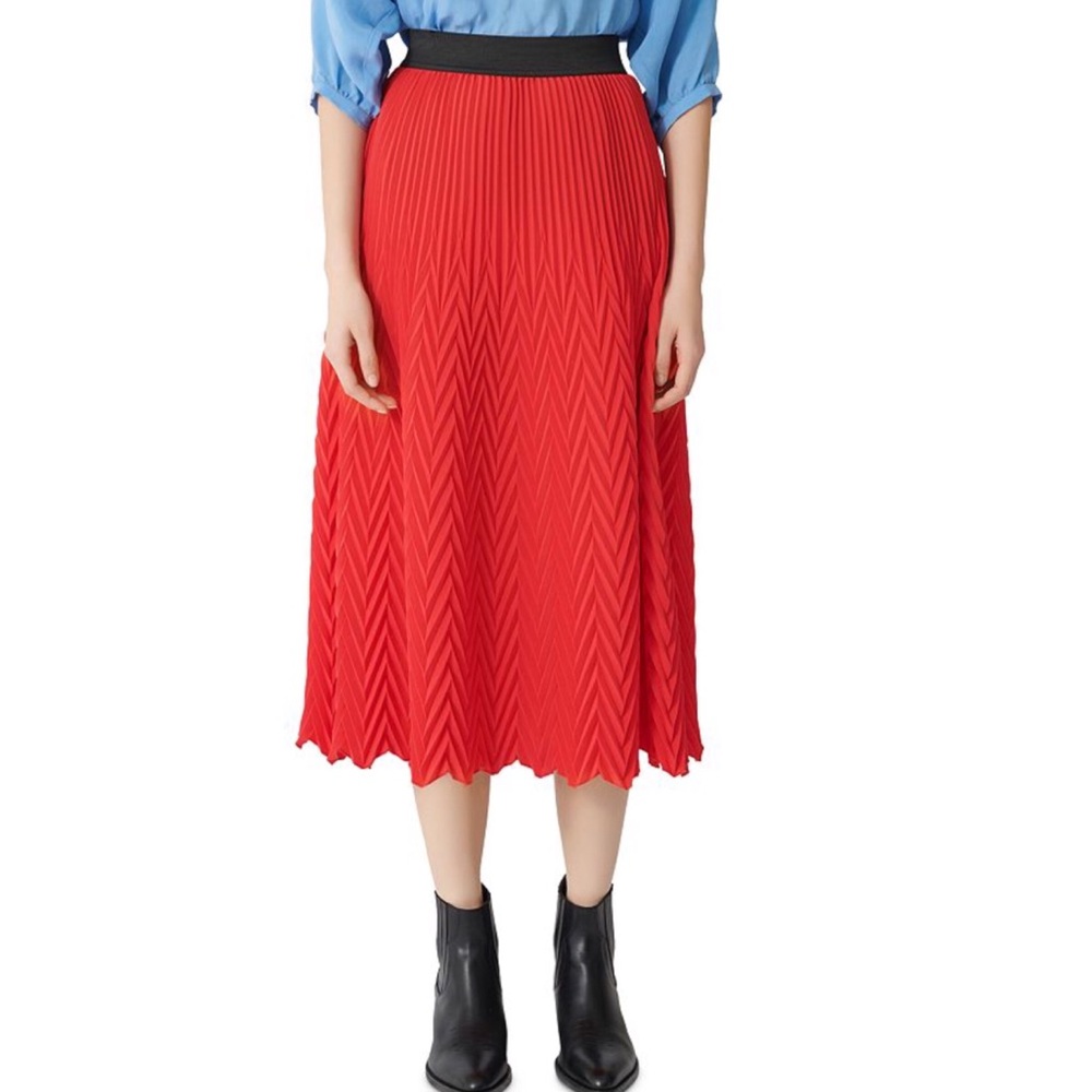 Maje pleated accents midi length red skirt